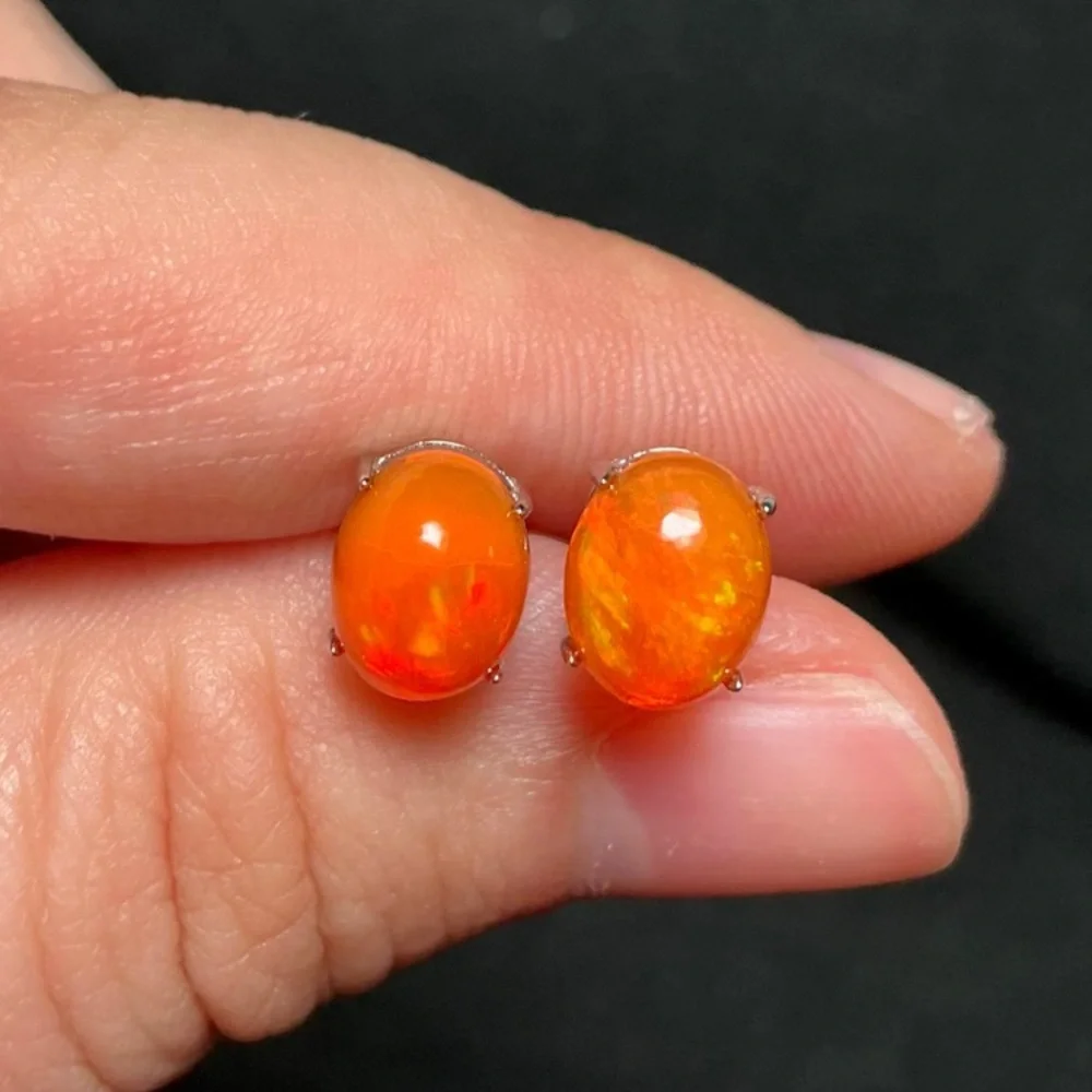 Fire Opal Earrings Ethiopian Fire Opal Earrings Sterling Silver Opal Earrings - Picture 2 of 7